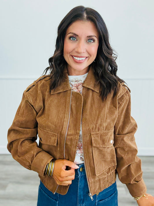 Camel Suede Zip Up Jacket (Reg. and Plus)