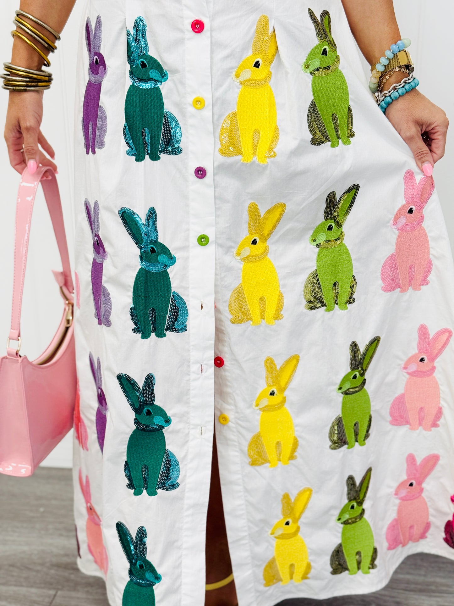 Queen Of Sparkles White Multi Easter Bunny Button Up Midi Dress (Reg. & Plus)
