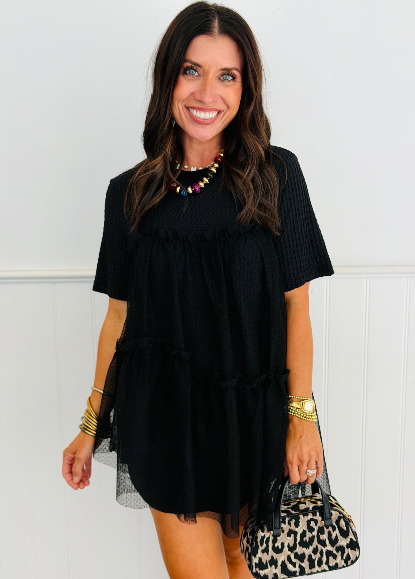 Black Waffle Knit Mesh Blouse (Reg. and Plus)