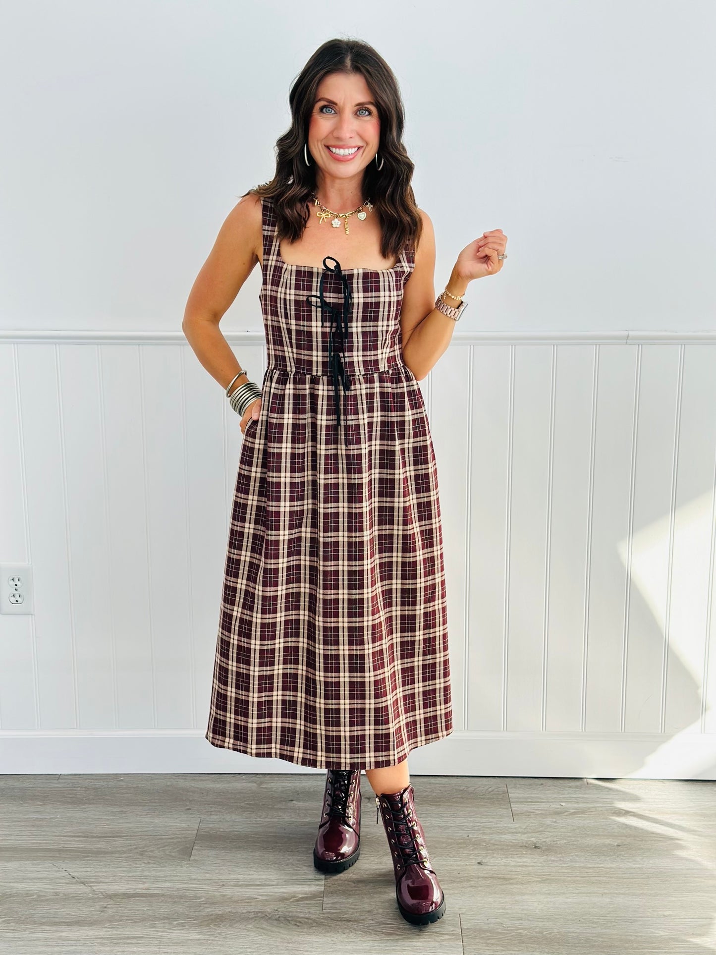 Burgundy Plaid Sleeveless Midi Dress (Reg. and Plus)