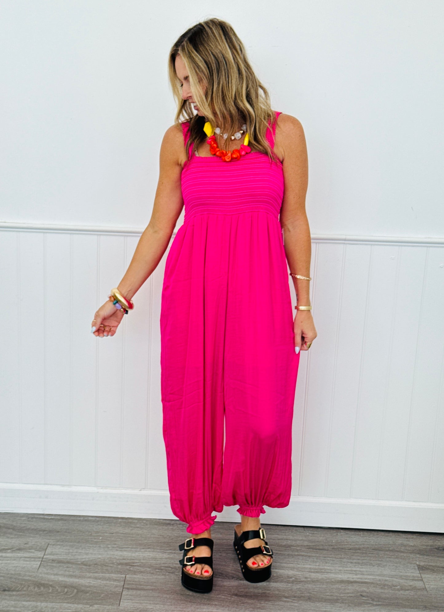 Hot Pink Smocked Balloon Leg Jumpsuit (Reg.)