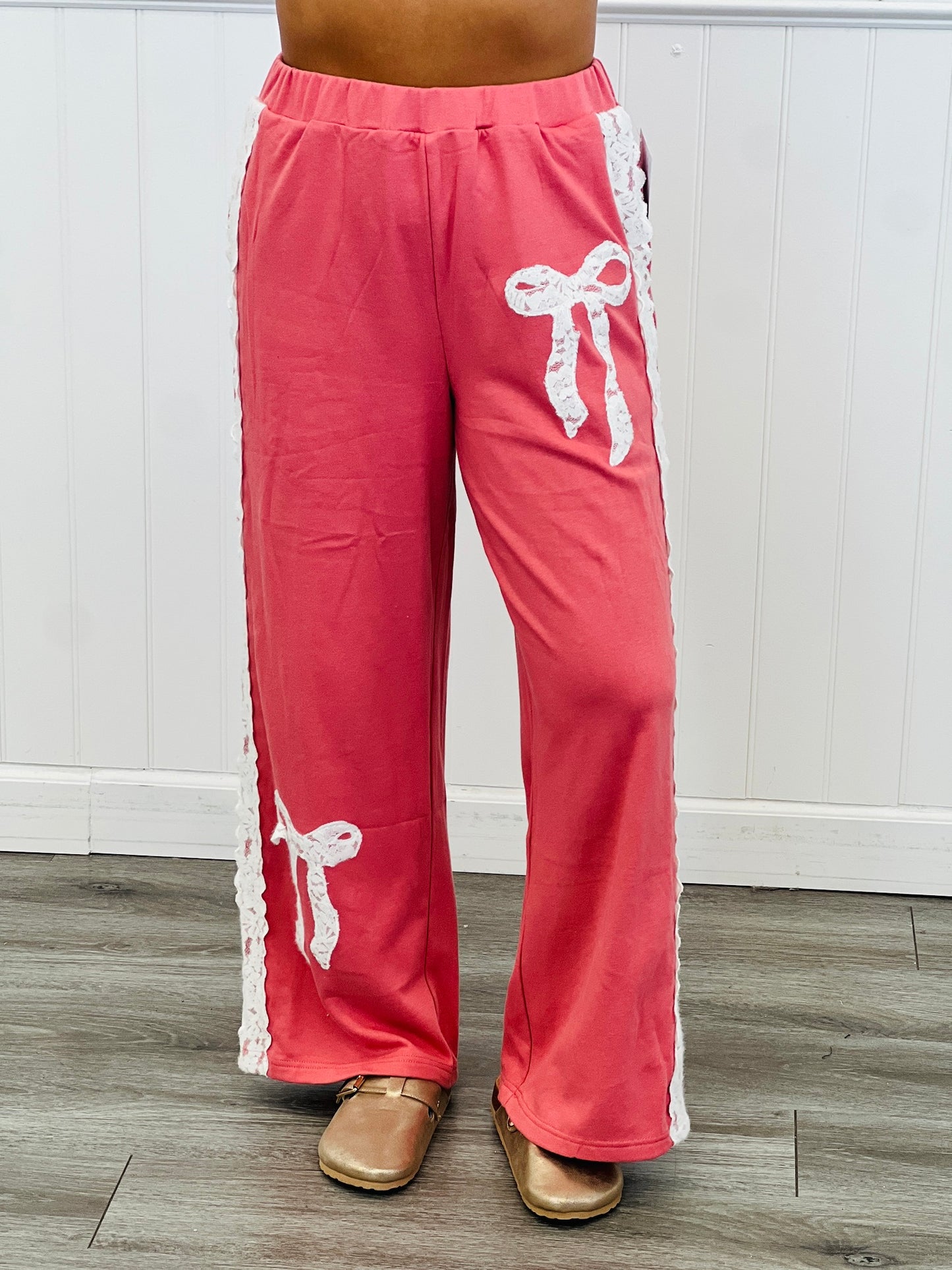 Salmon Pink Laser Cut Embroidered Bow Pants (Reg.)