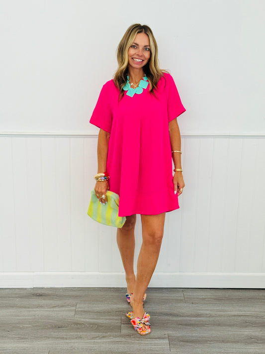 Hot Pink Pullover Back Pleat Mini Dress (Reg.)