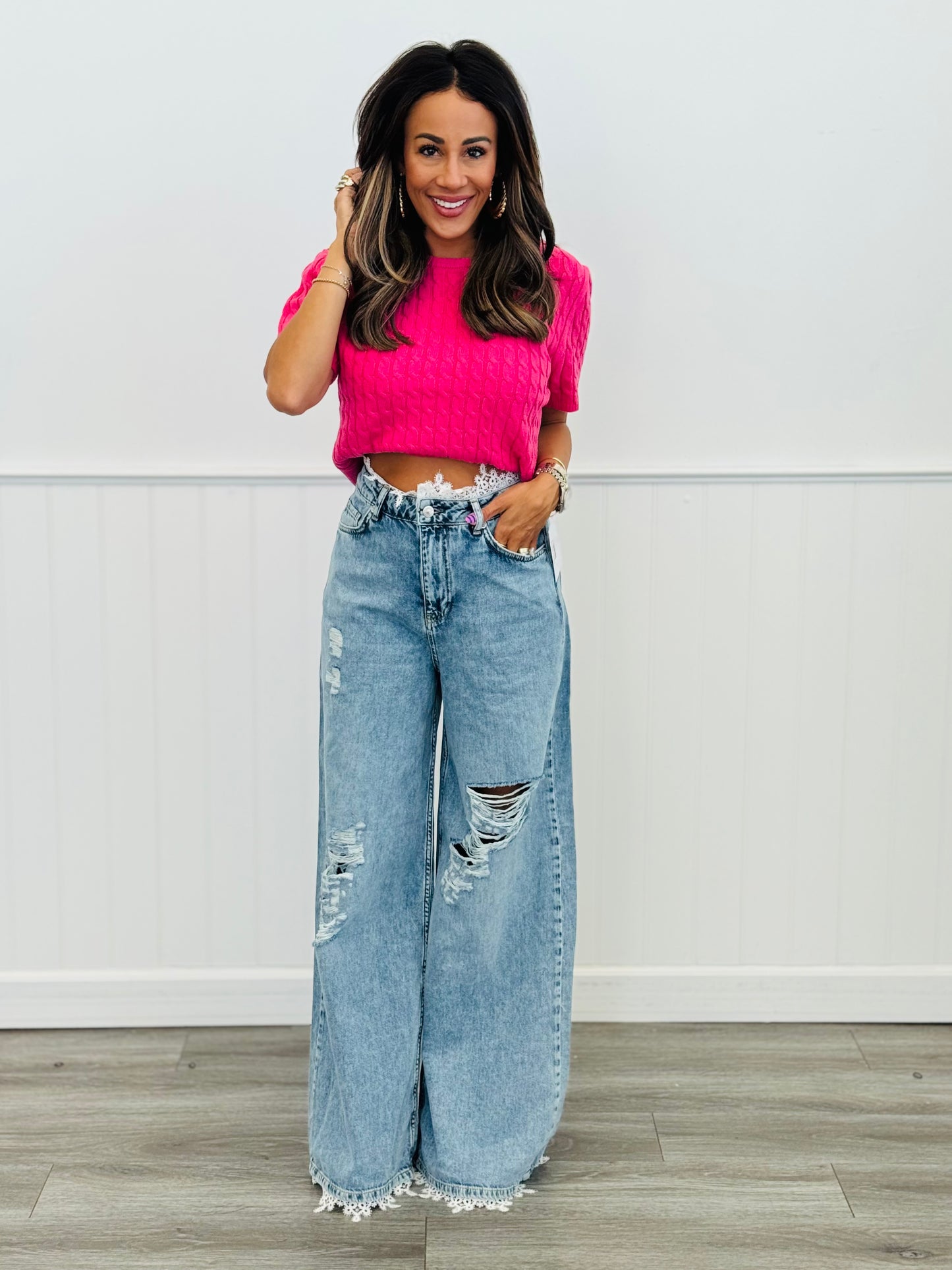 Denim Lace Trim Detail Distressed Pants (Reg.)