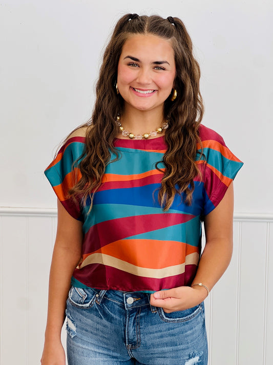 Teal/Maroon Stripe Satin Top (Reg. and Plus)