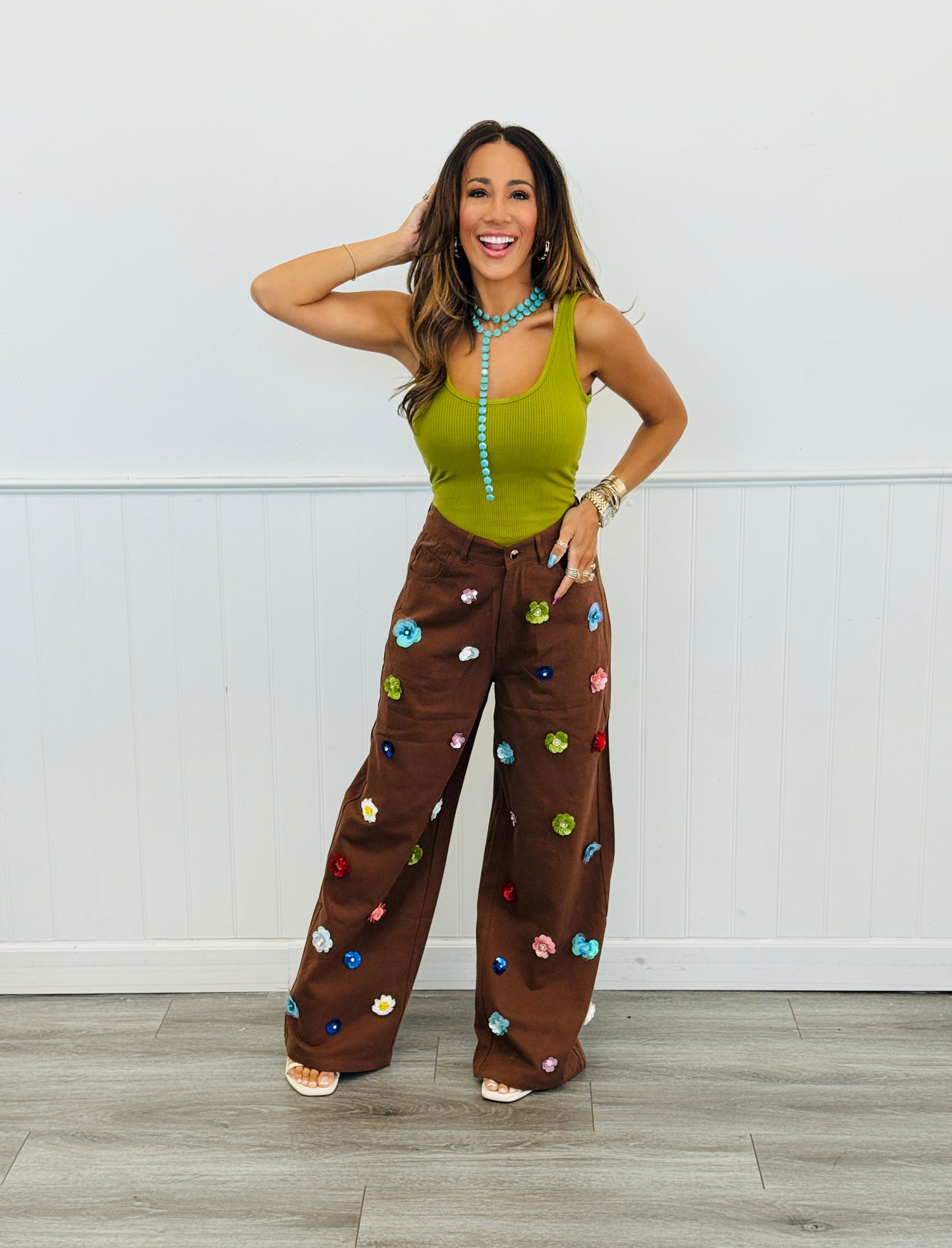 Queen Of Sparkles Brown Multi Sequin Flower Wide Leg Jeans (Reg. and Plus)