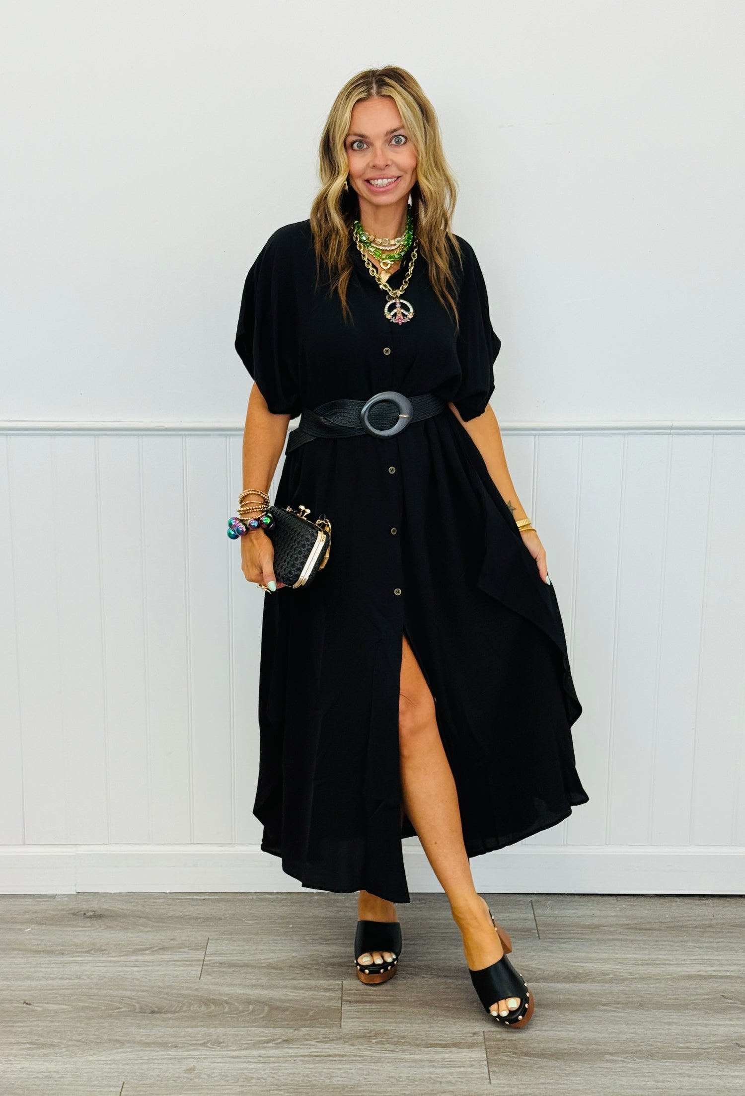 Black Oversized Button Down Maxi Dress (One Size)
