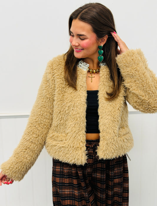 Taupe Teddy Bejeweled Neck Jacket (Reg.)