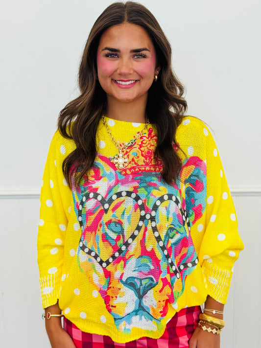 Yellow Polka Dot Leopard Crowned & Colorful Pullover Top (One Size)