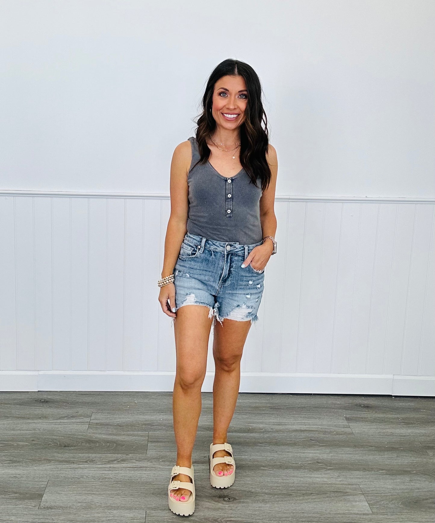 Denim Ribbed Henley Bodysuit (Reg & Plus)