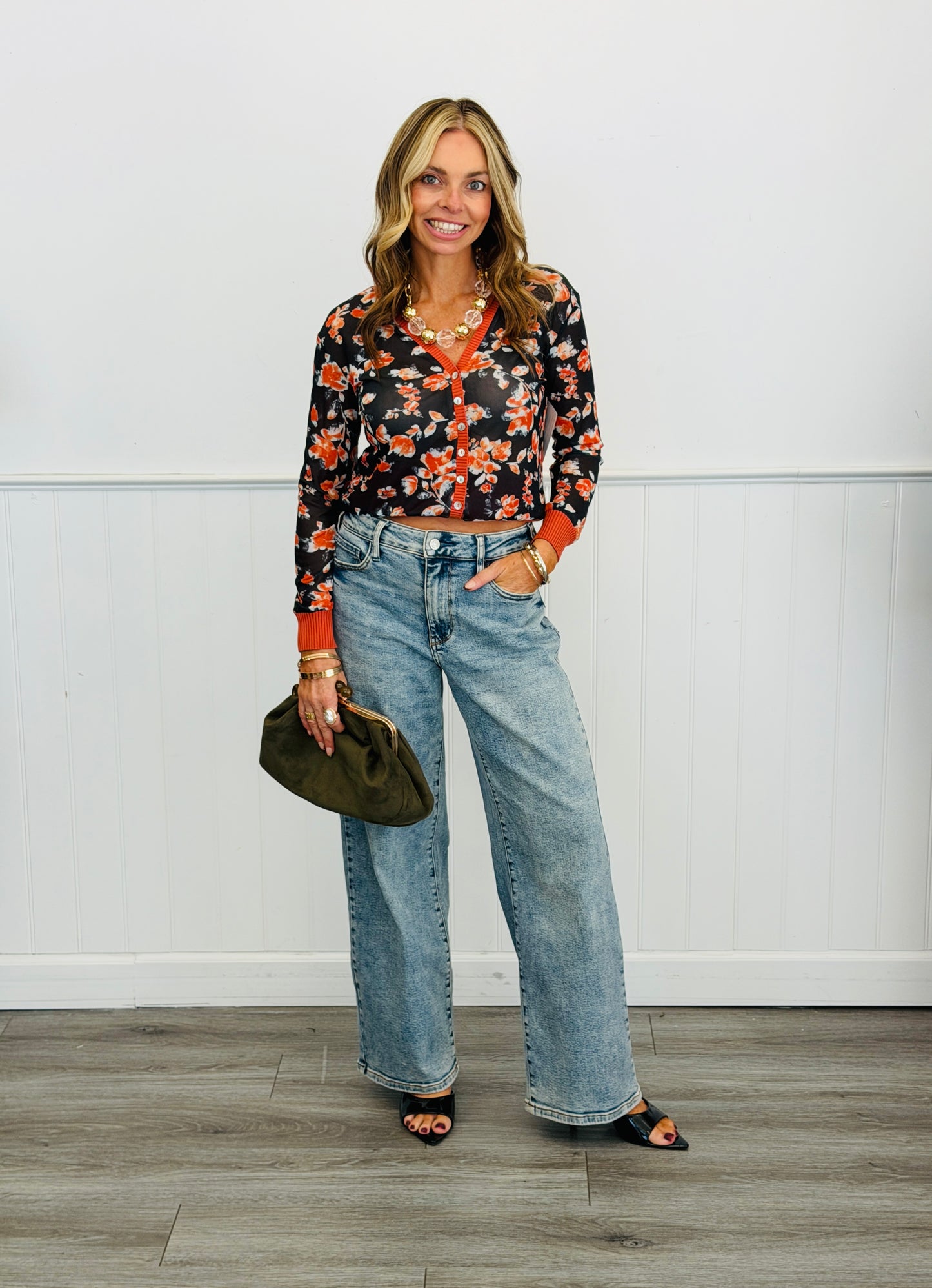 Navy/Brick Mesh Floral V-neck Lightweight Cardigan (Reg. and Plus)