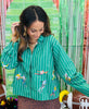 Queen Of Sparkles Green Striped Football Player Button Up Top (Reg. and Plus)