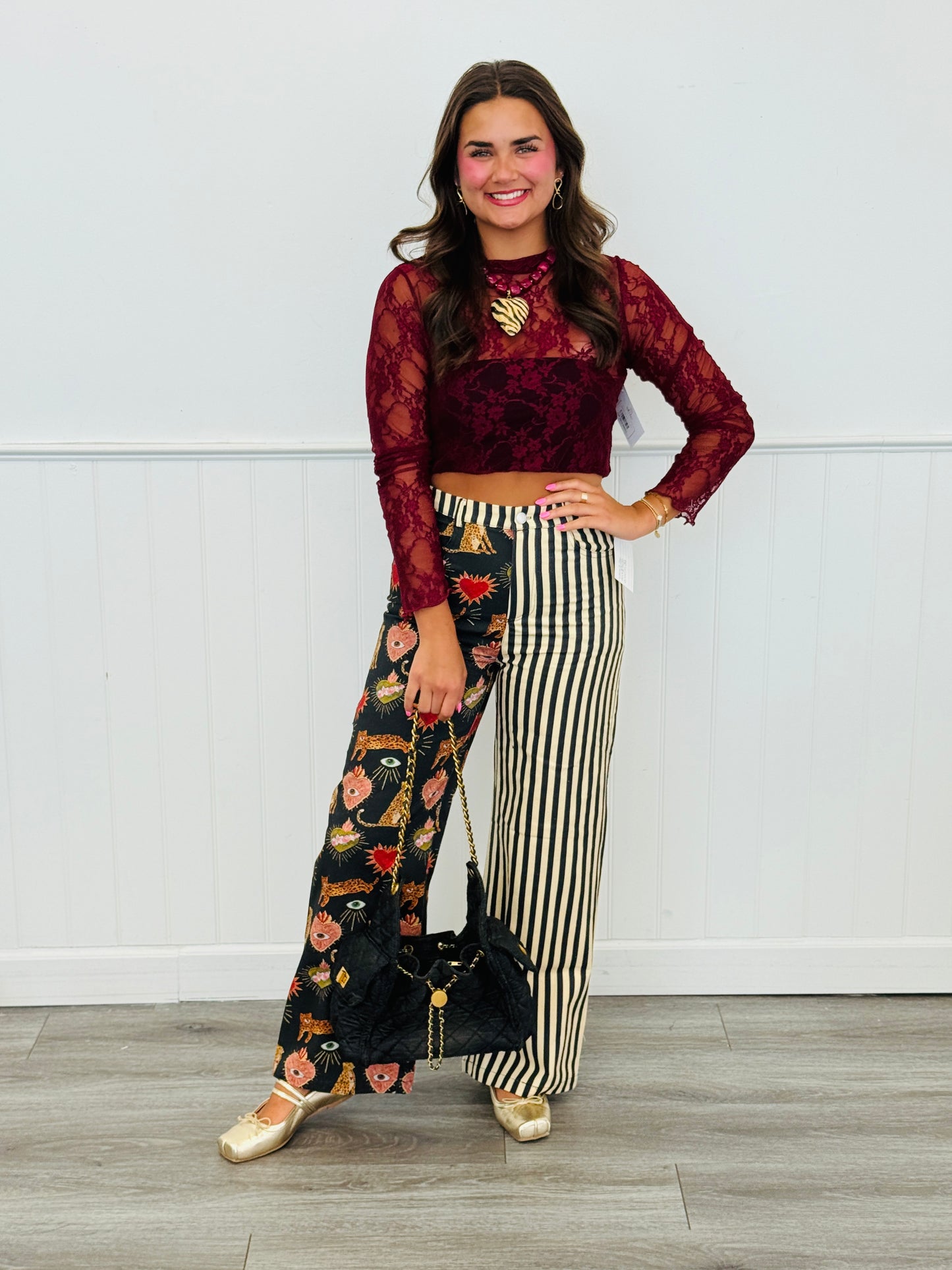 Split Decision Black/Beige Printed Stripe Pants (Reg & Plus)