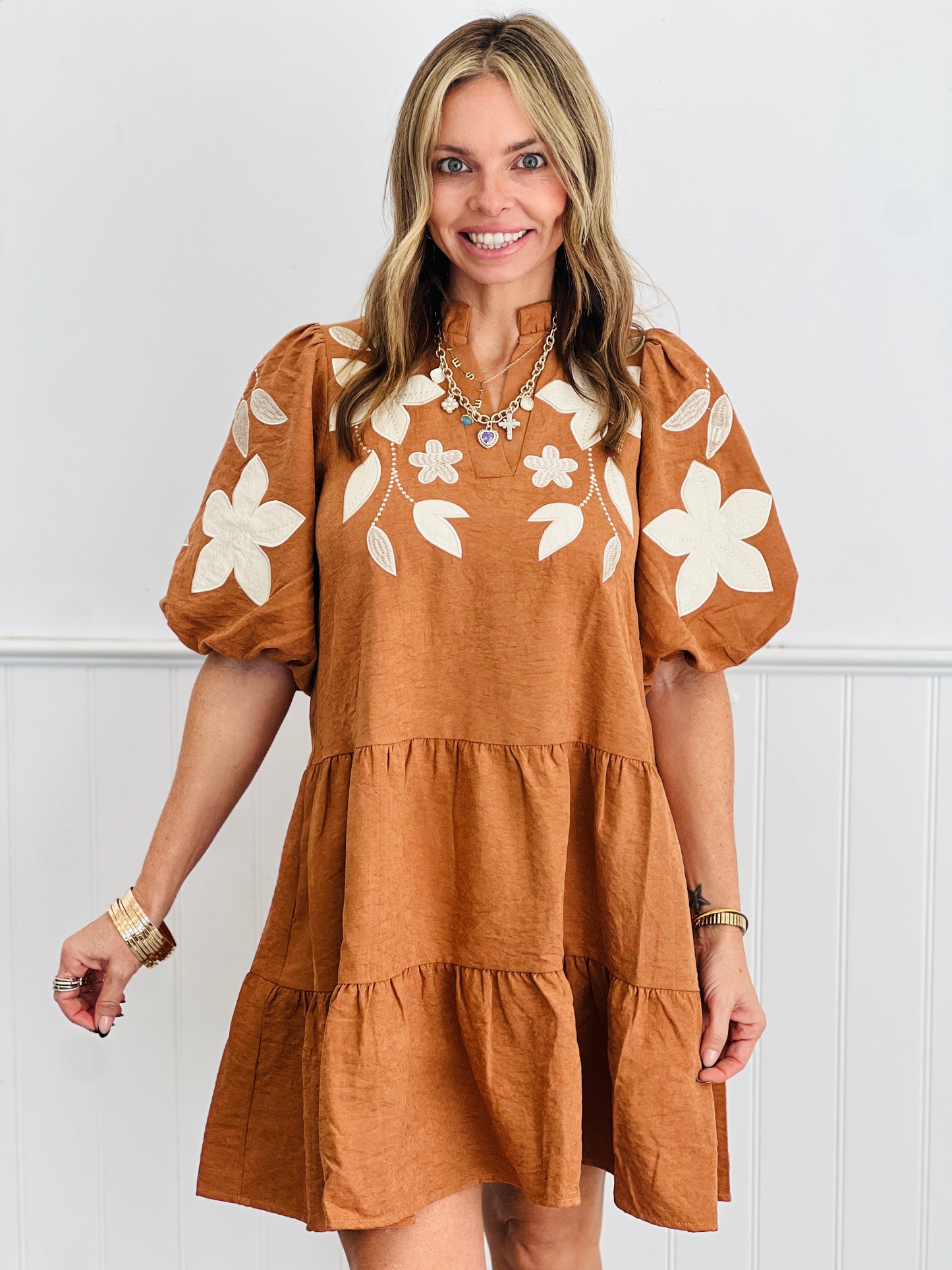 Camel Floral Applique Mini Dress (Reg & Plus)