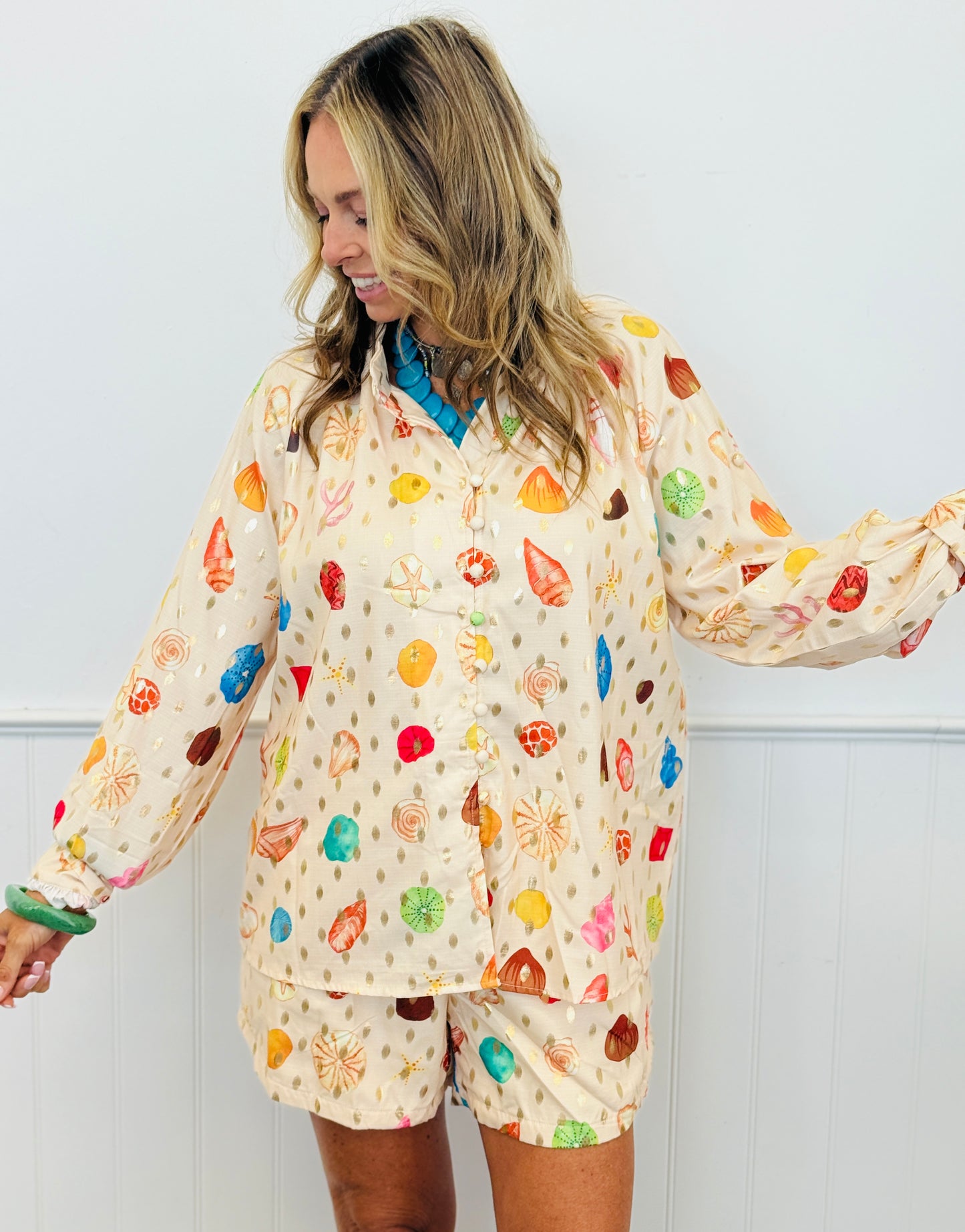 Gold Spotted Sea Print Button Up Top & Shorts Set (Reg. and Plus)