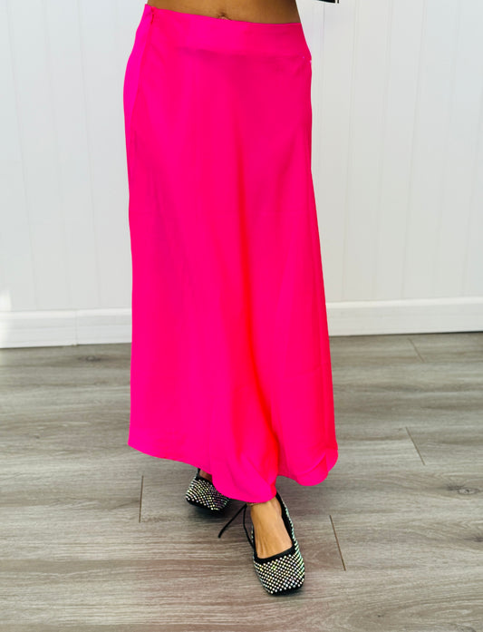 Hot Pink Silky Midi Skirt (Reg. and Plus)