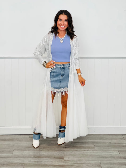 Silver-Ivory Sequin Mesh Duster (Reg. & Plus)