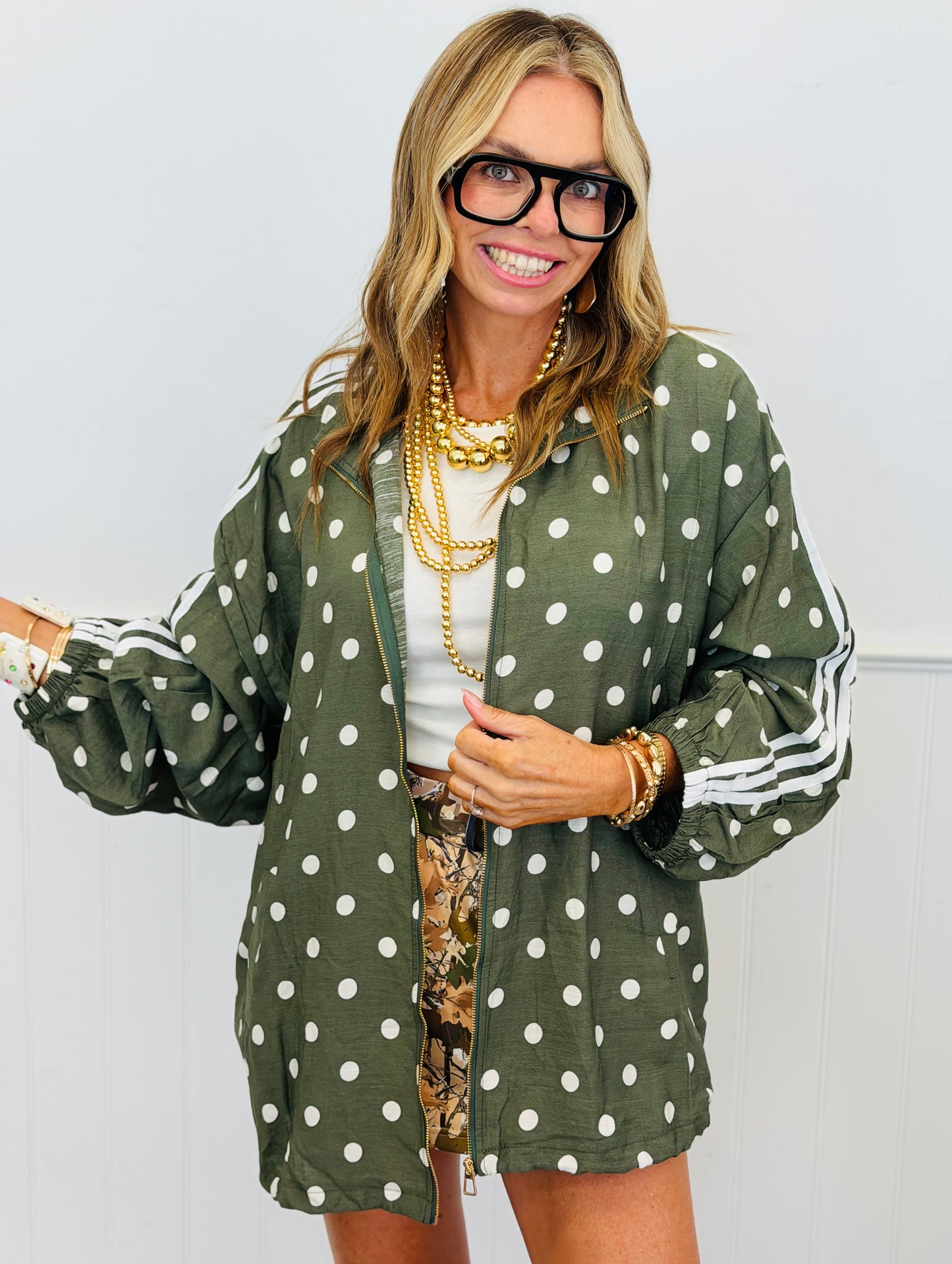 Olive Polka Dot Side Striped Jacket & Pants Set (One Size)