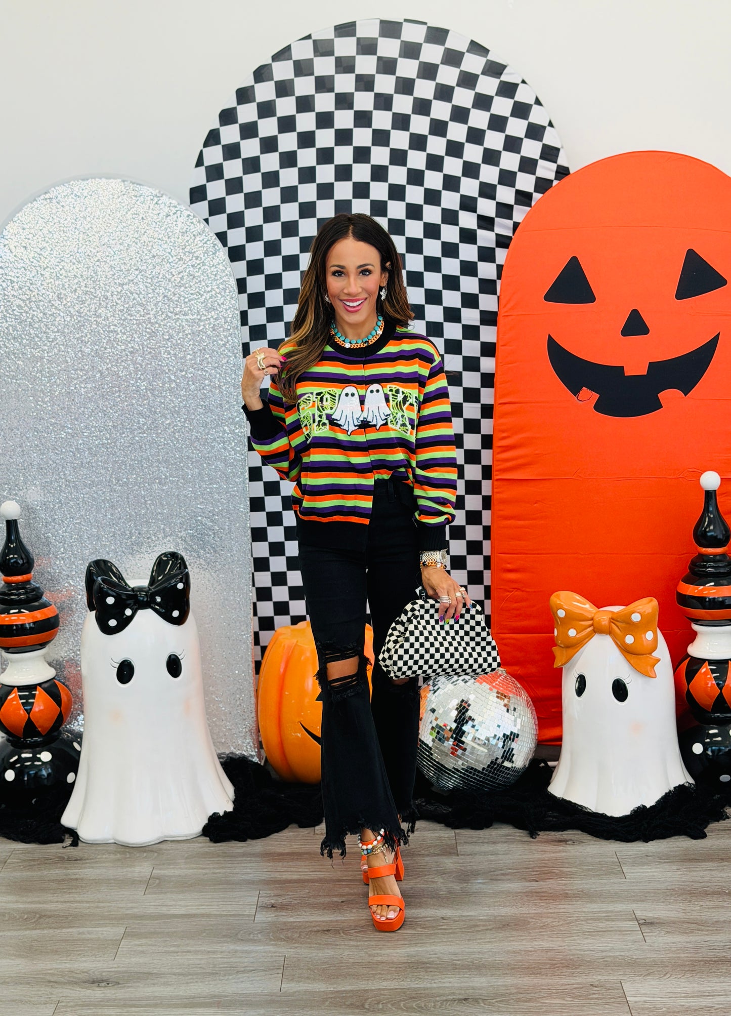 Queen Of Sparkles Striped 'Spooky' Icon Button Up Cardigan (Reg. and Plus)