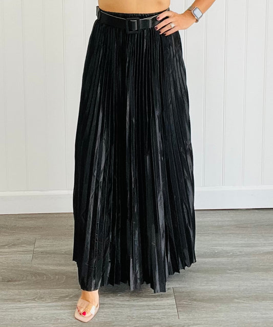 Black Satin Belted Midi Skirt (Reg)