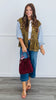 Olive/Blue Button Front Mixed Media Top (Reg. and Plus)