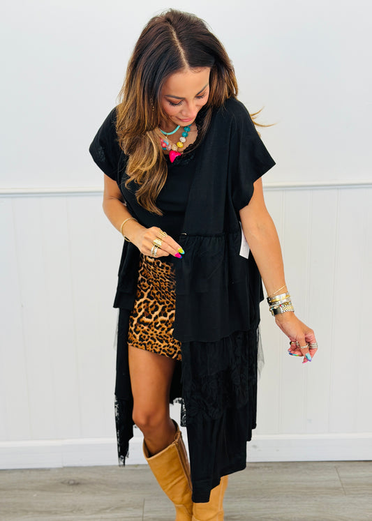 Black Lace Tiered Open Front Cardigan (Reg.)