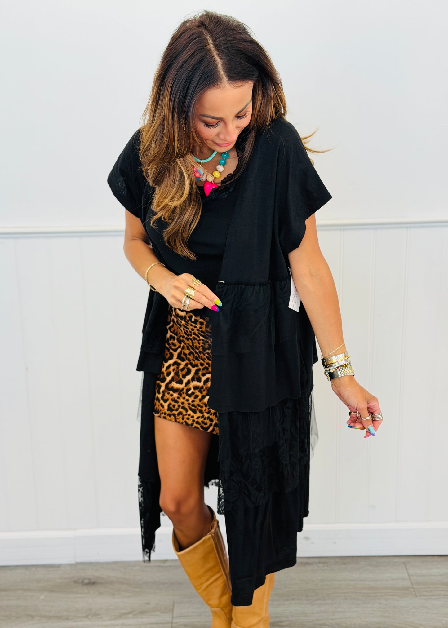 Black Lace Tiered Open Front Cardigan (Reg.)