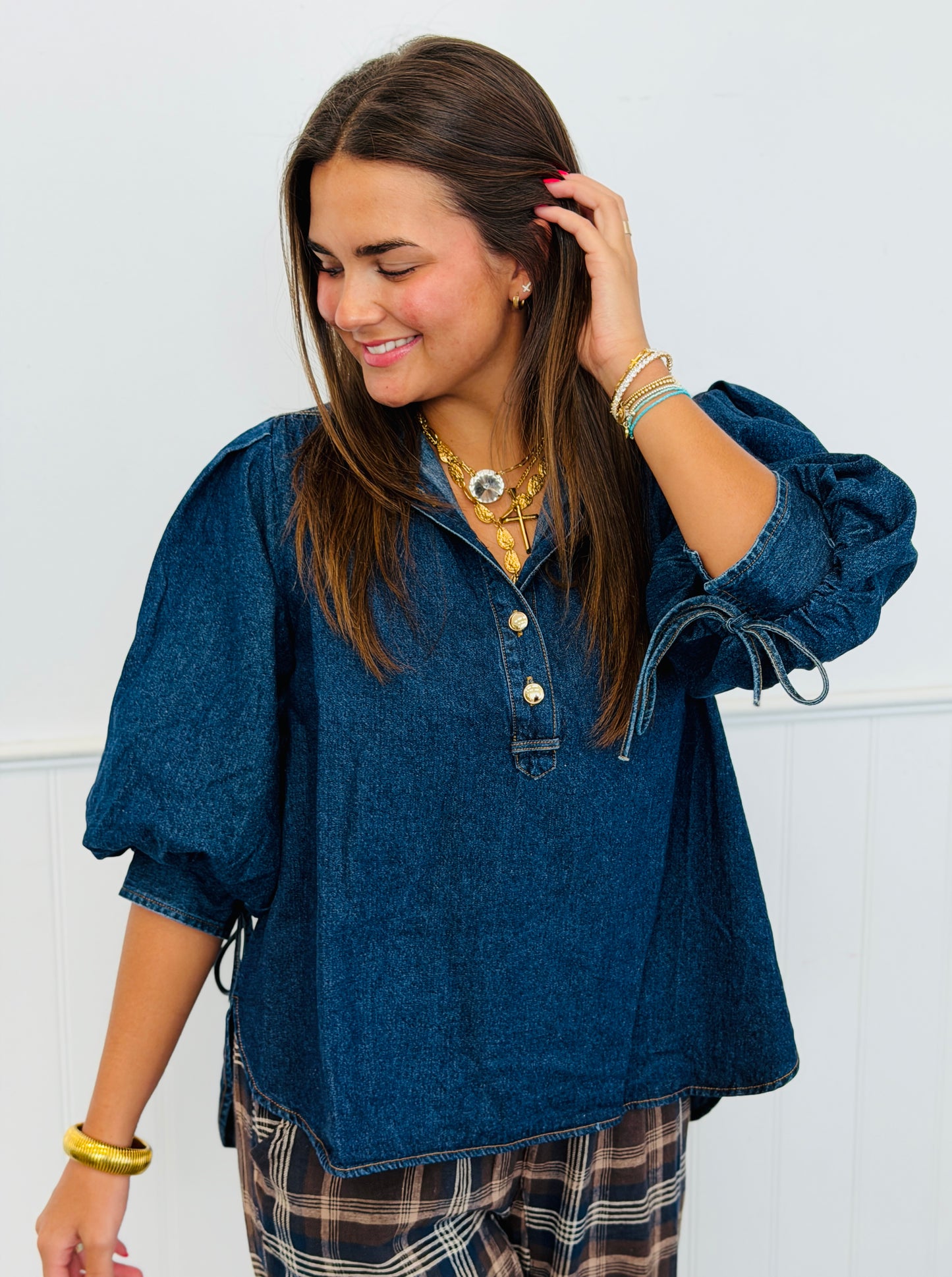 Dark Denim High Neck Blouse (Reg.)