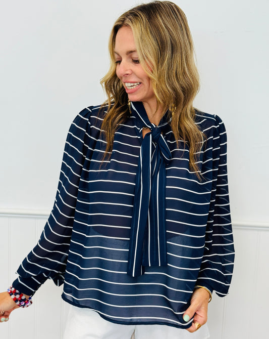 Navy Striped Chiffon Bow Tie Blouse (Reg & Plus)