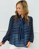 Navy Striped Chiffon Bow Tie Blouse (Reg & Plus)