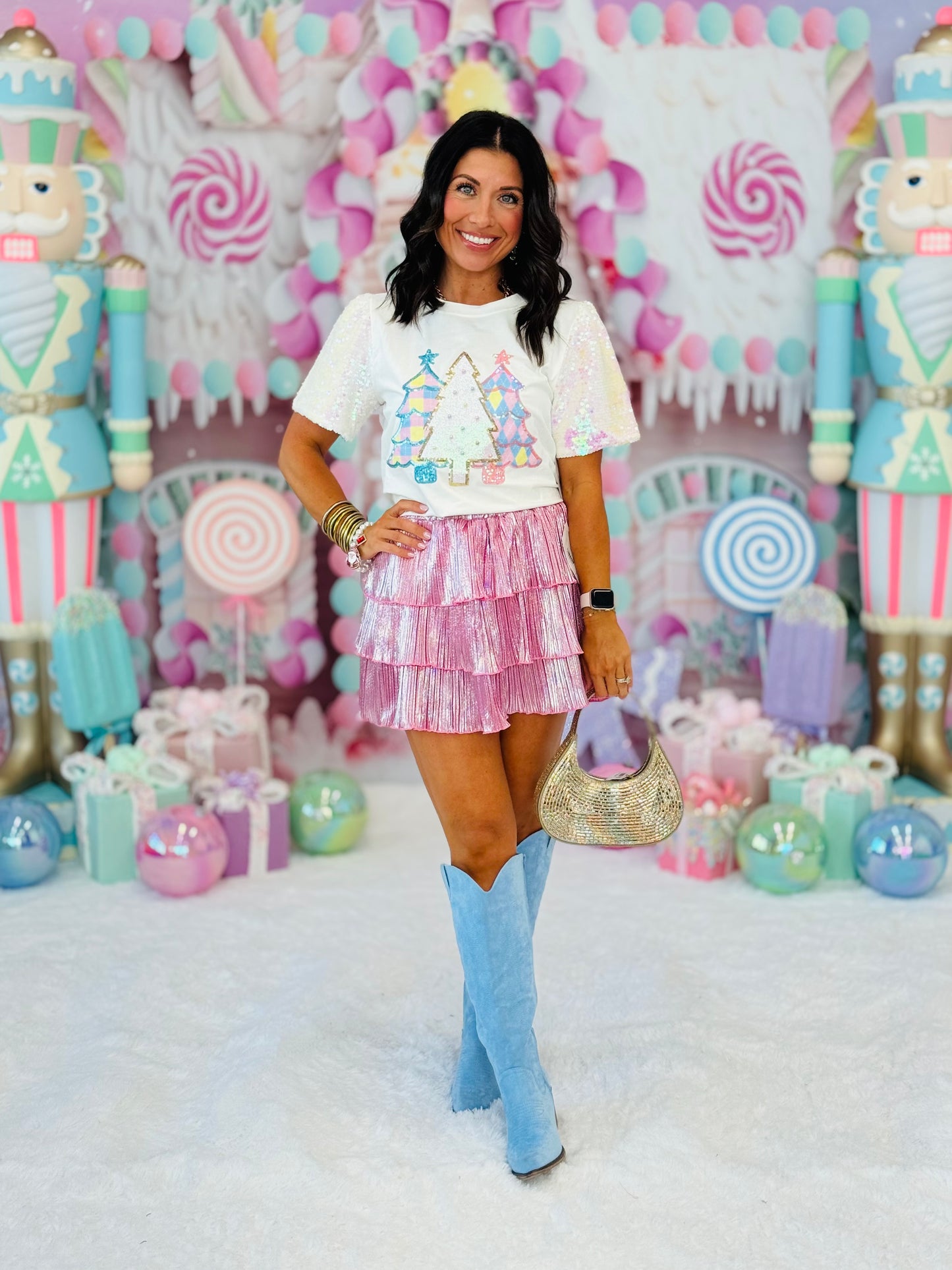 White Festive Forest Sequin Sleeve Top (Reg. and Plus)