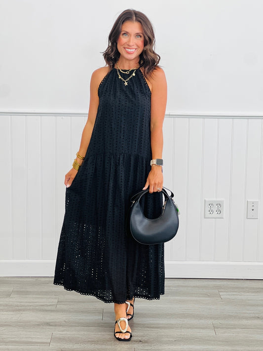 Black Eyelet Halter Midi Dress (Reg)