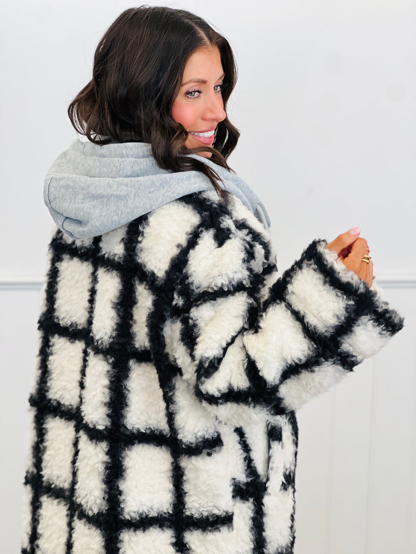 Ivory/Black Plaid Longline Hoodie Coat (Reg.)