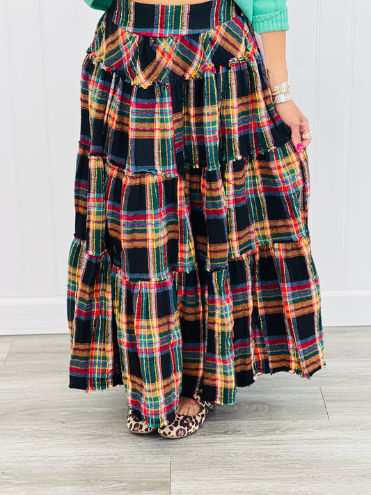 Oli & Hali Black Plaid Tiered Maxi Skirt (Reg)