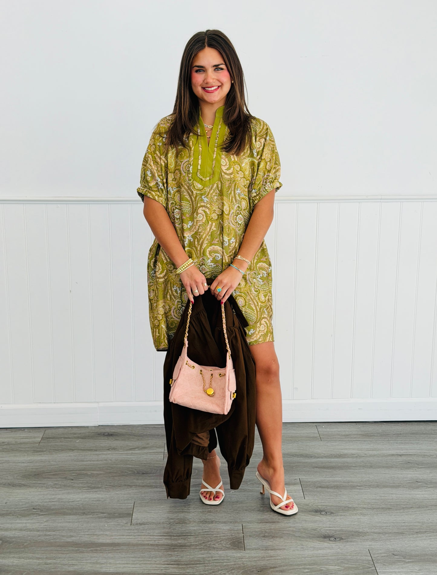 Sage Paisley Print Mini Shift Dress (Reg & Plus)