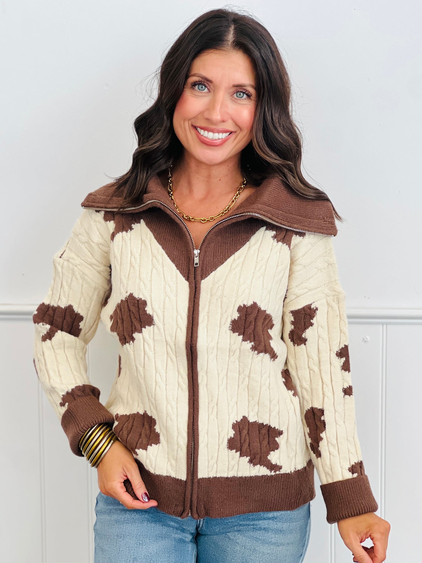 Brown Cow Print Zip Up Sweater Jacket (Reg. and Plus)