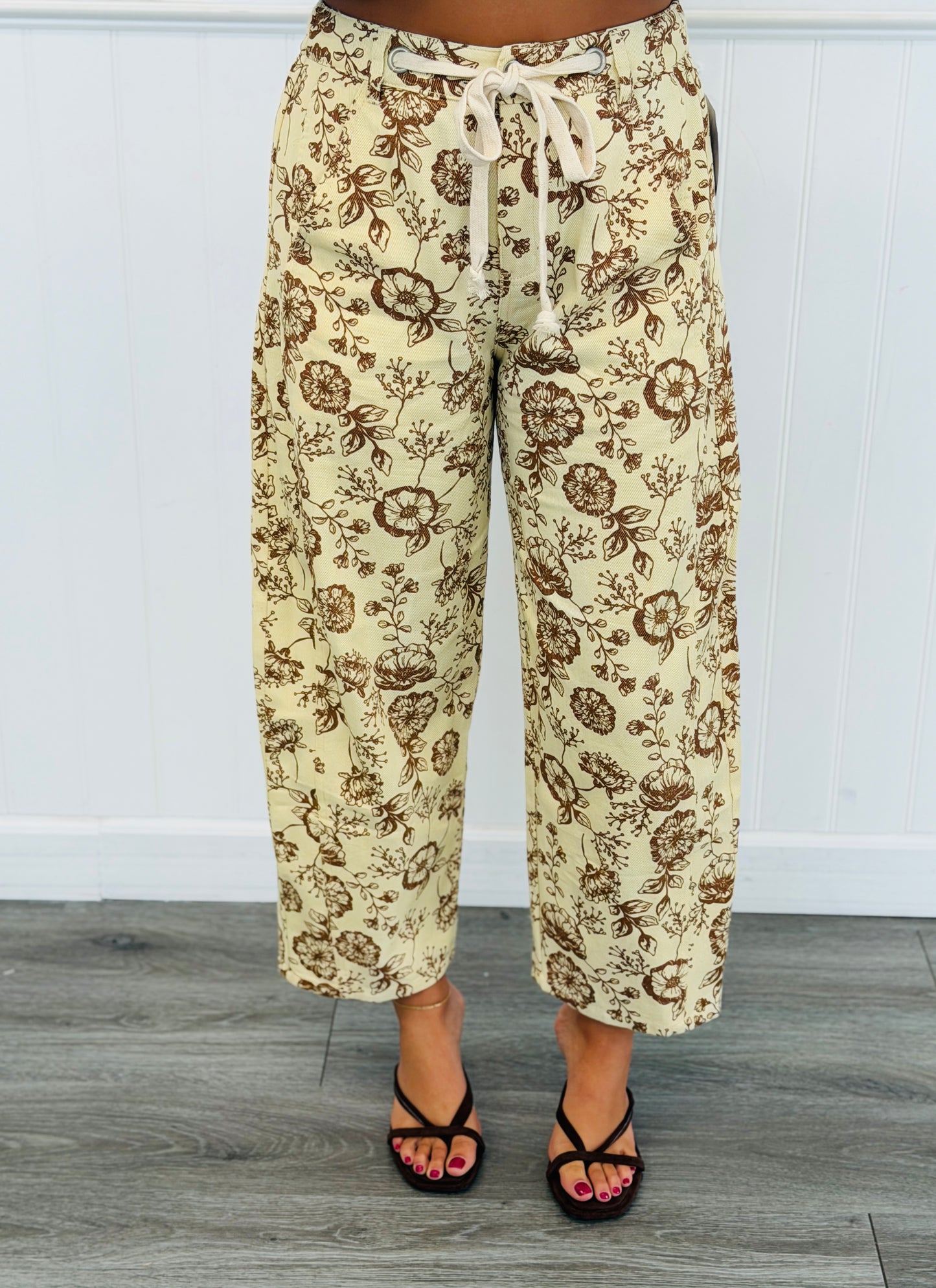 Custard Botanical Floral Print Drawstring Pants (Reg & Plus)