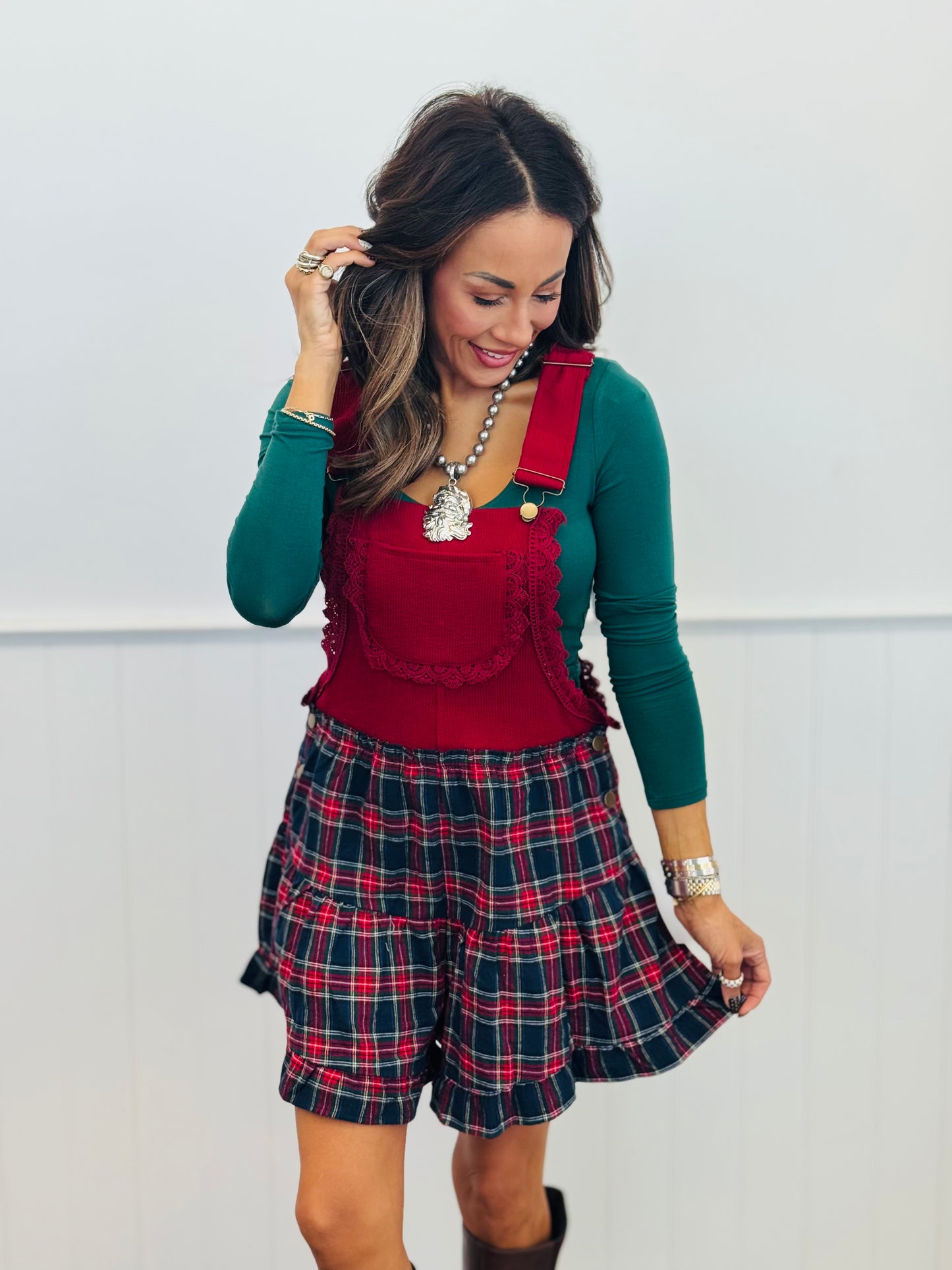 Cranberry Plaid Contrast Overall Romper (Reg.)