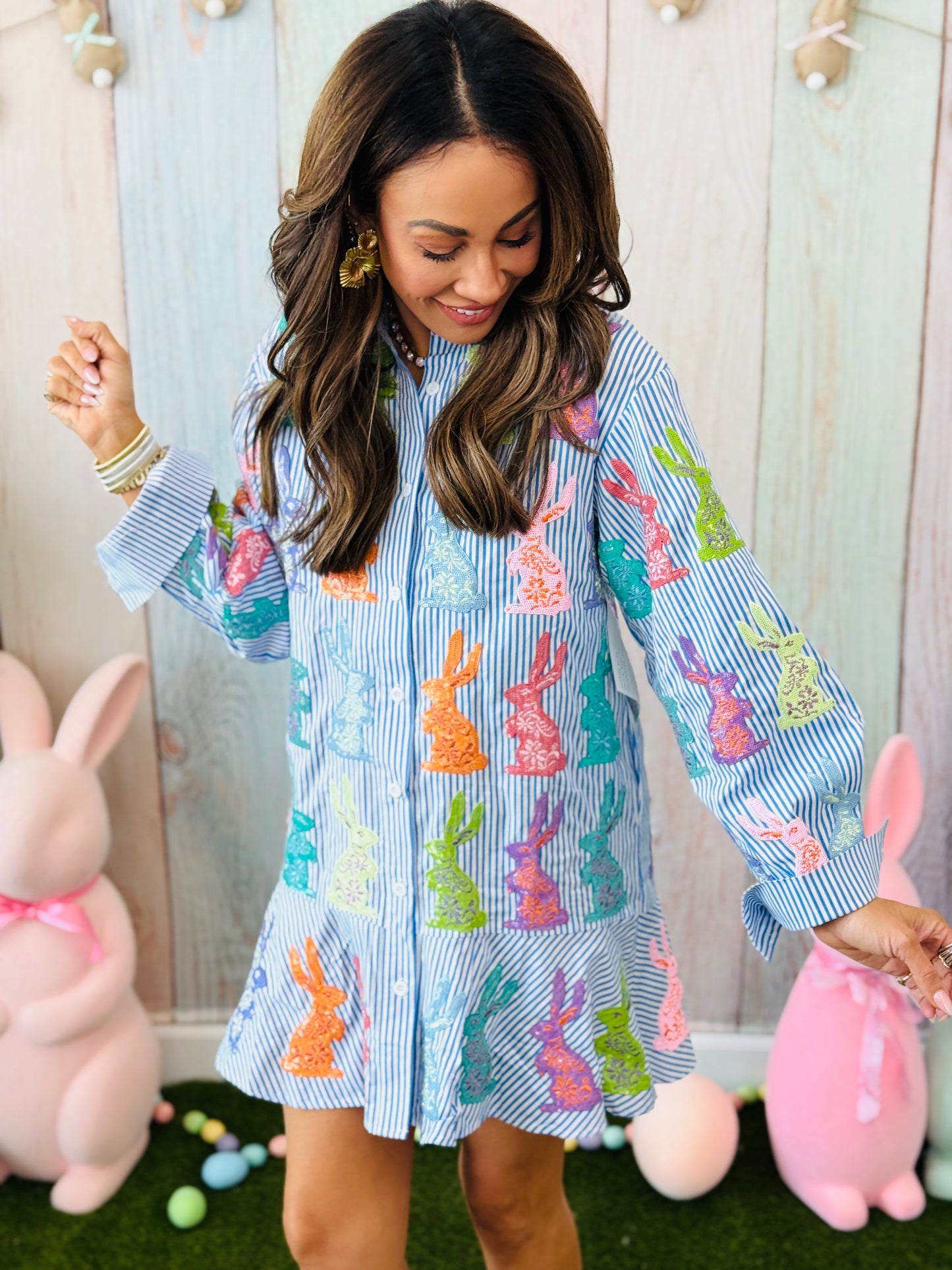 Queen Of Sparkles Blue & White Striped Easter Bunny Dress (Reg. and Plus)