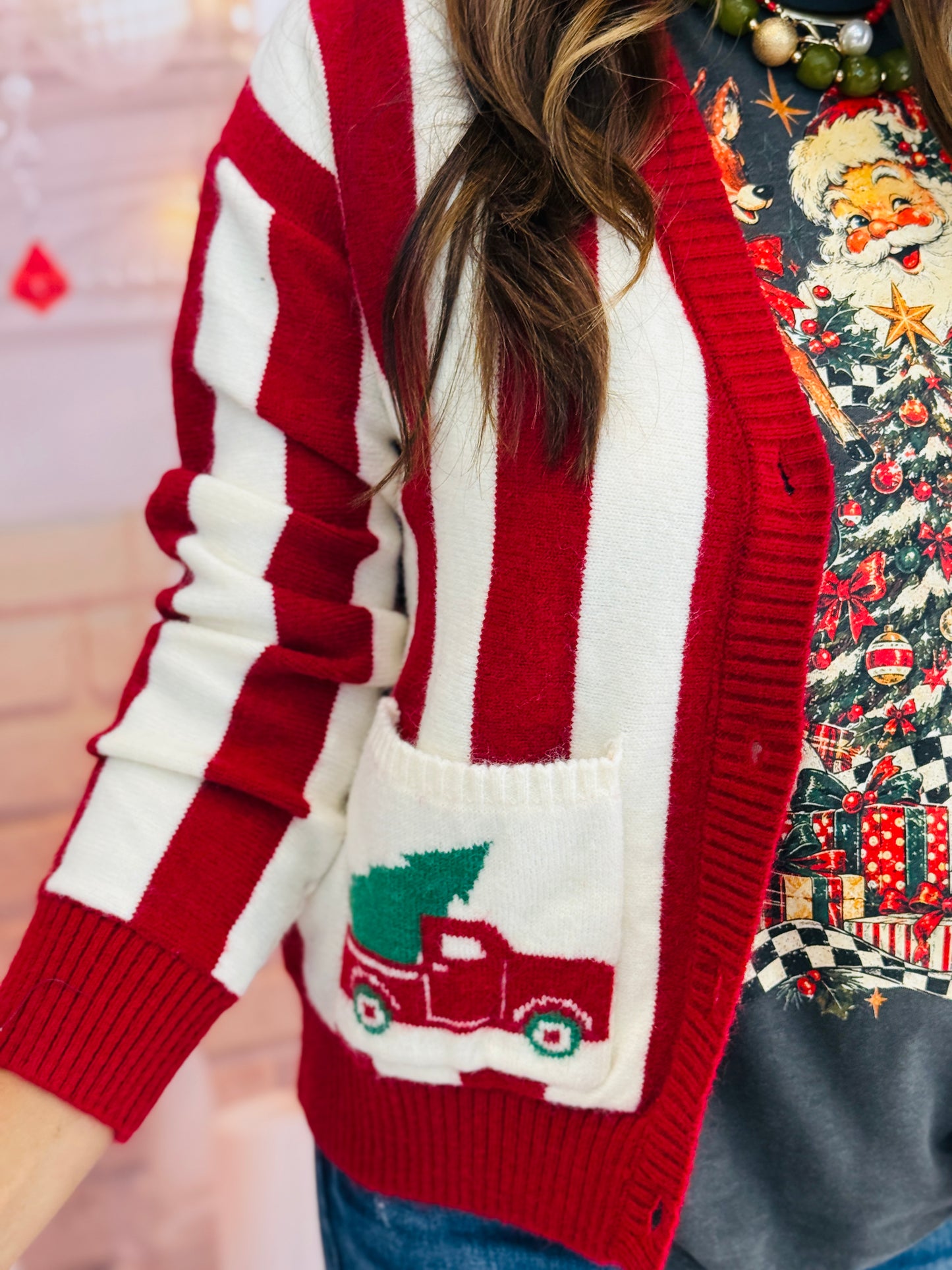Red Stripe Christmas Truck Sweater Cardigan (Reg.)