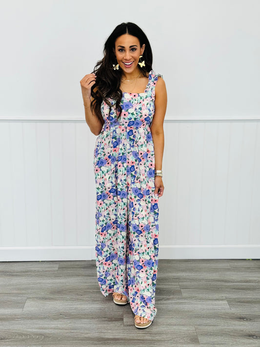 Lavender Floral Printed Ruffle Back Tied Jumpsuit (Reg. and Plus)