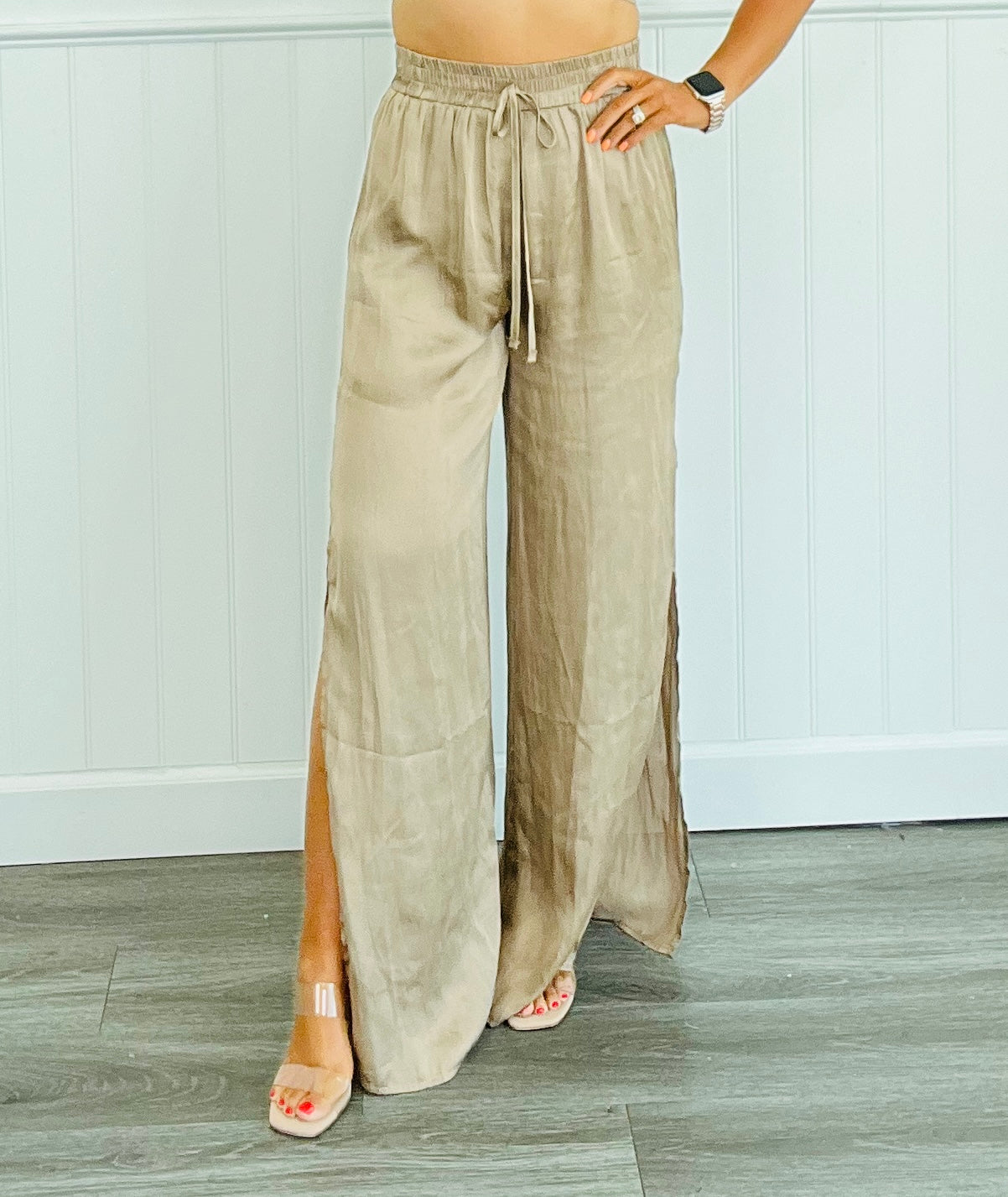 Warm Taupe Satin Slit Pants (Reg)