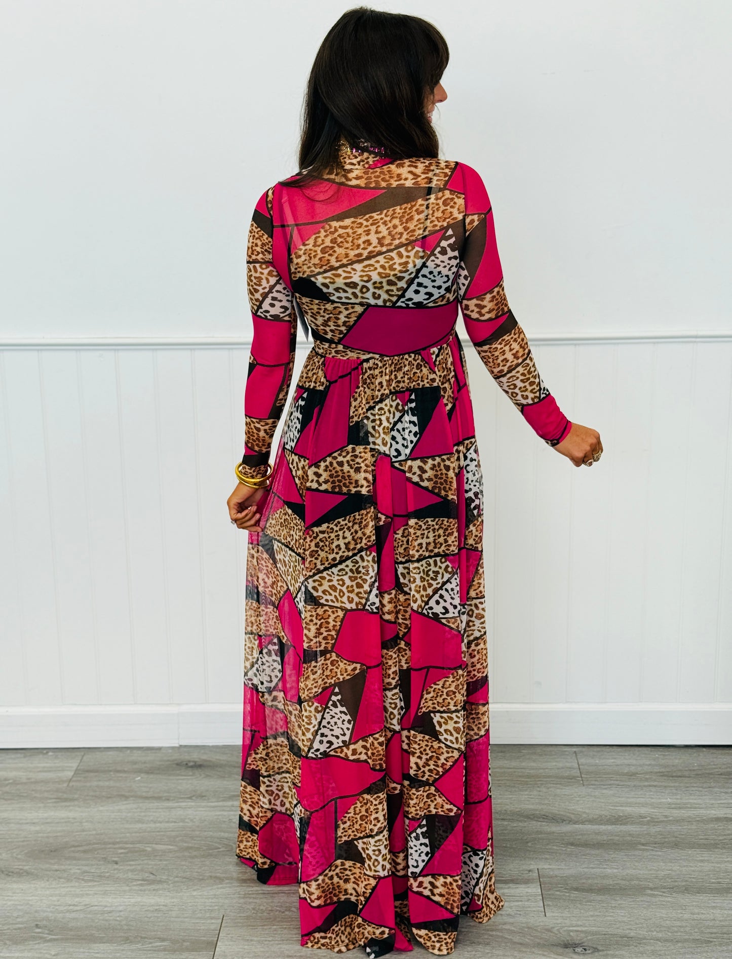 Fuchsia Combo Leopard Patchwork LS Maxi Dress (Reg. and Plus)
