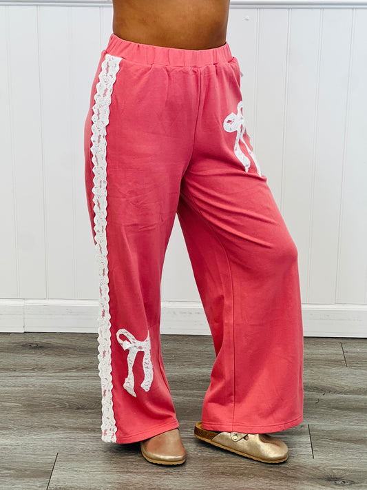 Salmon Pink Laser Cut Embroidered Bow Pants (Reg.)