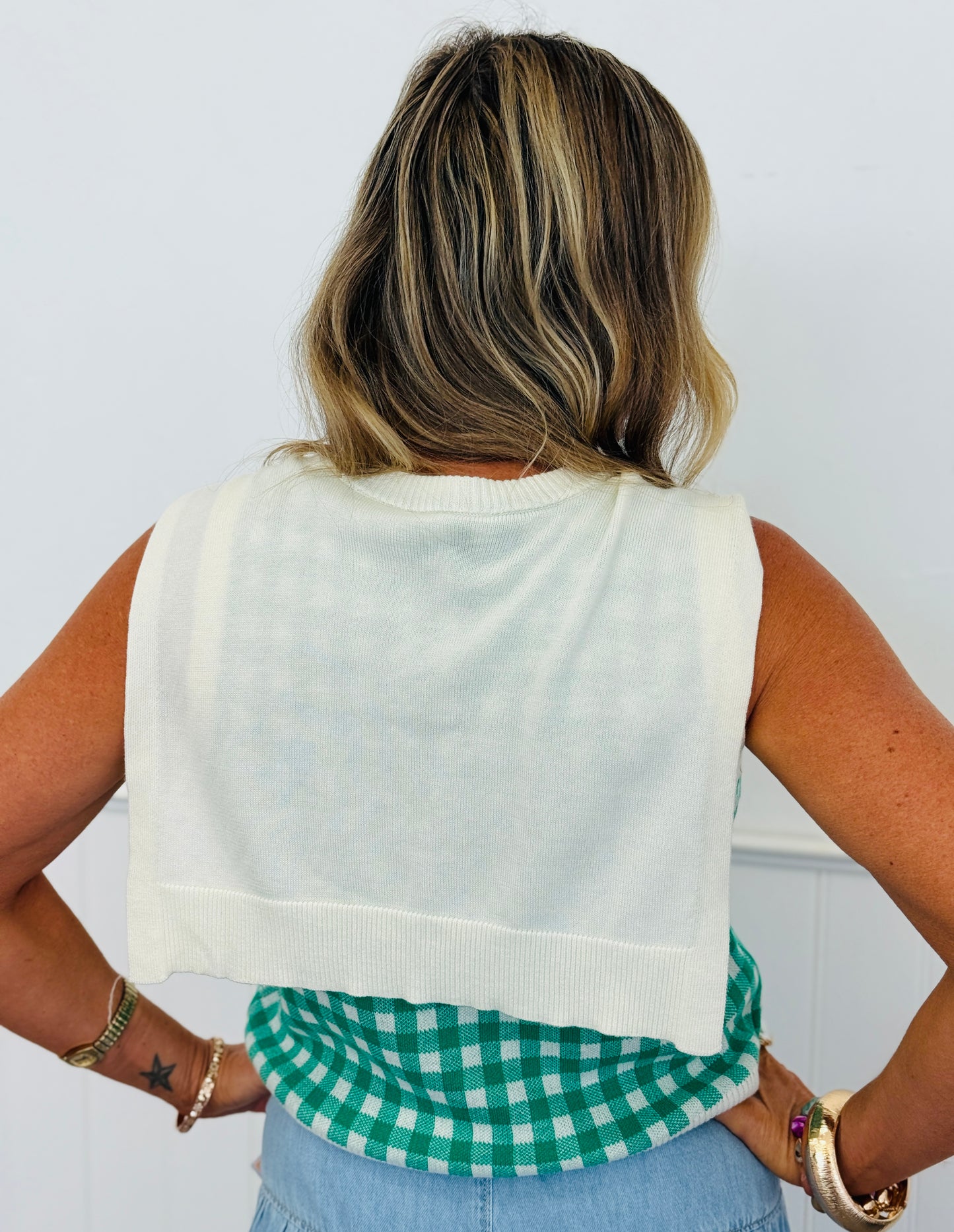 Green Gingham Faux Sweater Sleeveless Top (Reg.)