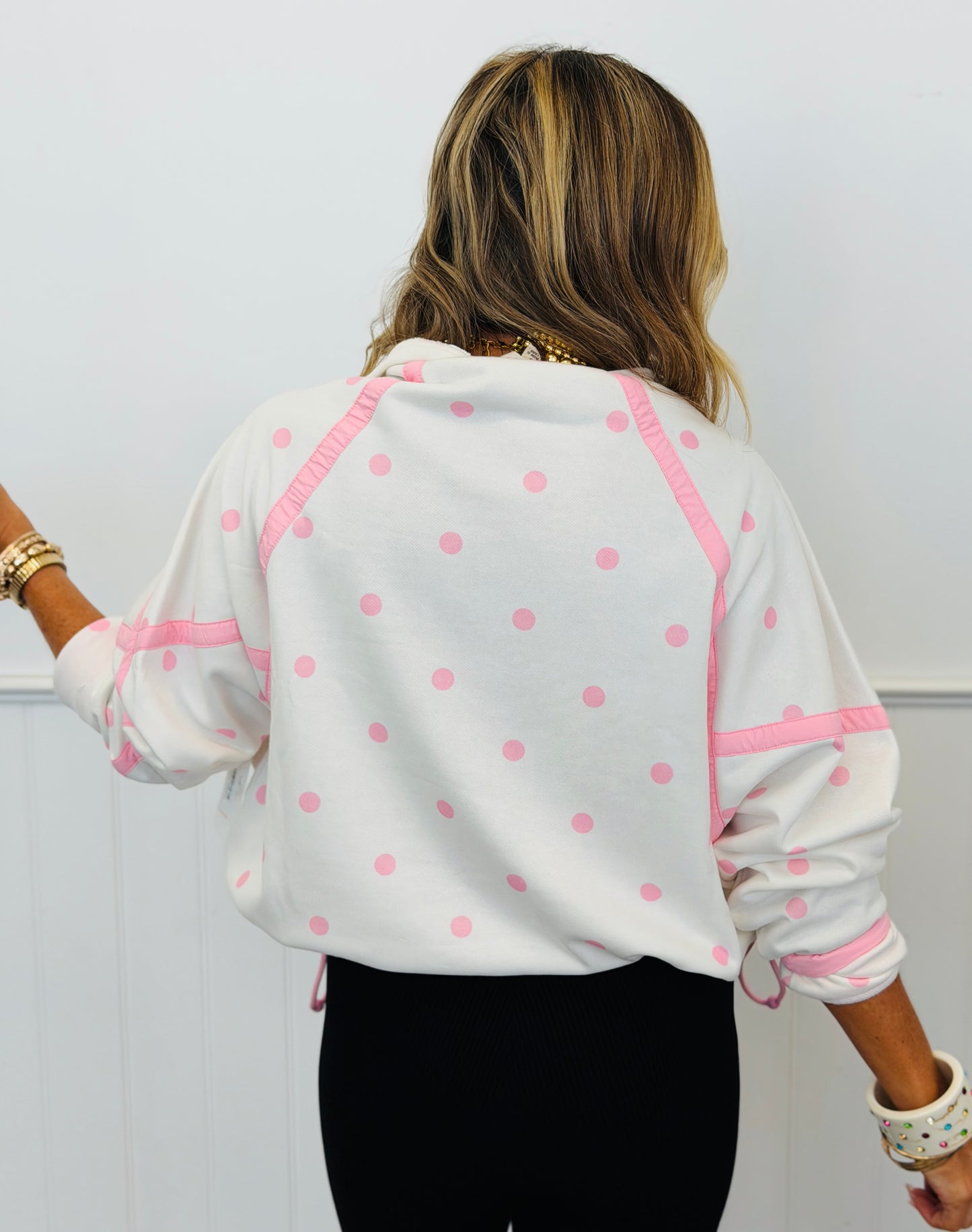 Off White/Pink Polka Dot French Terry Half Zip Top (Reg.)