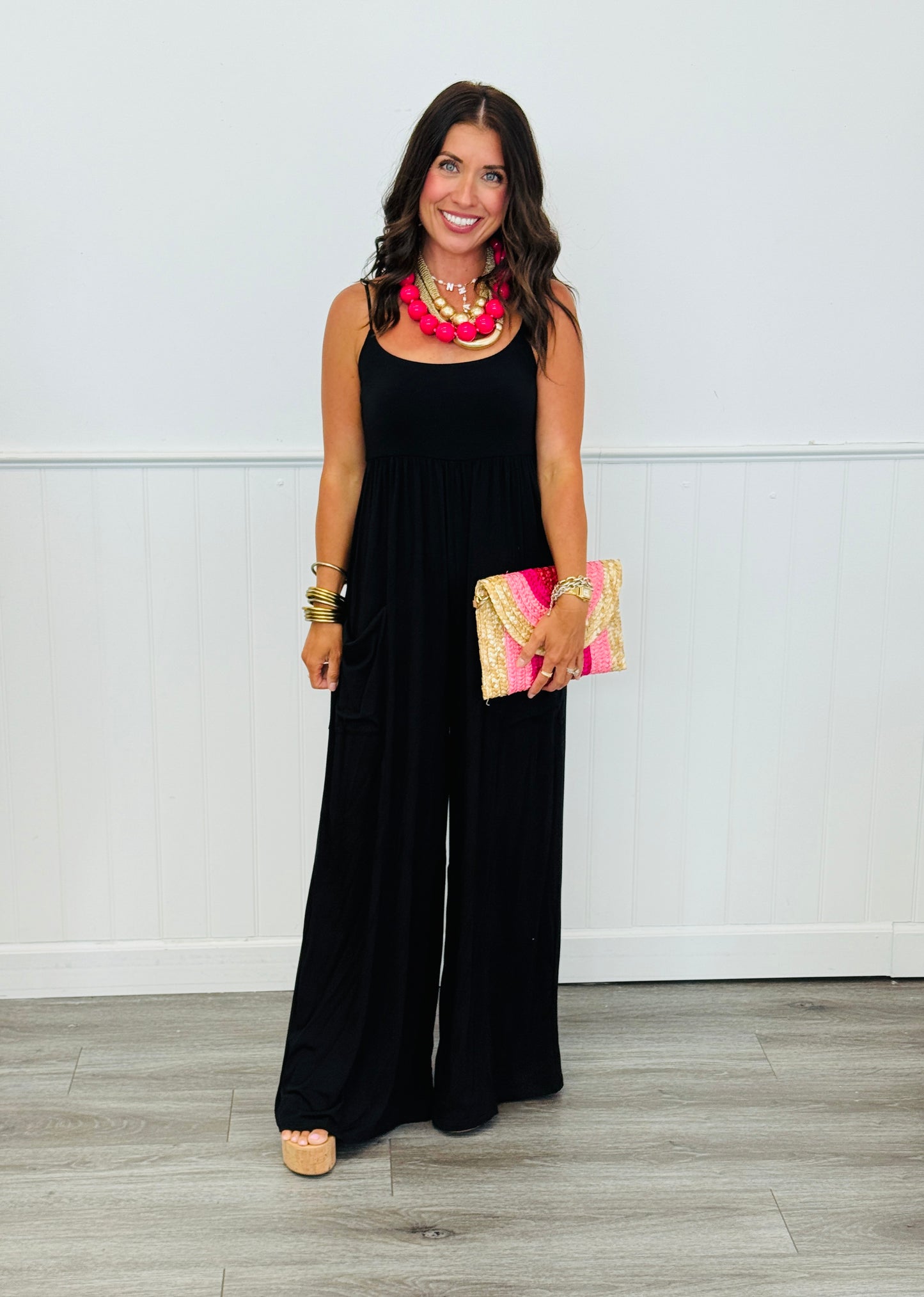 Black Strappy Jersey Knit Jumpsuit (Reg.)