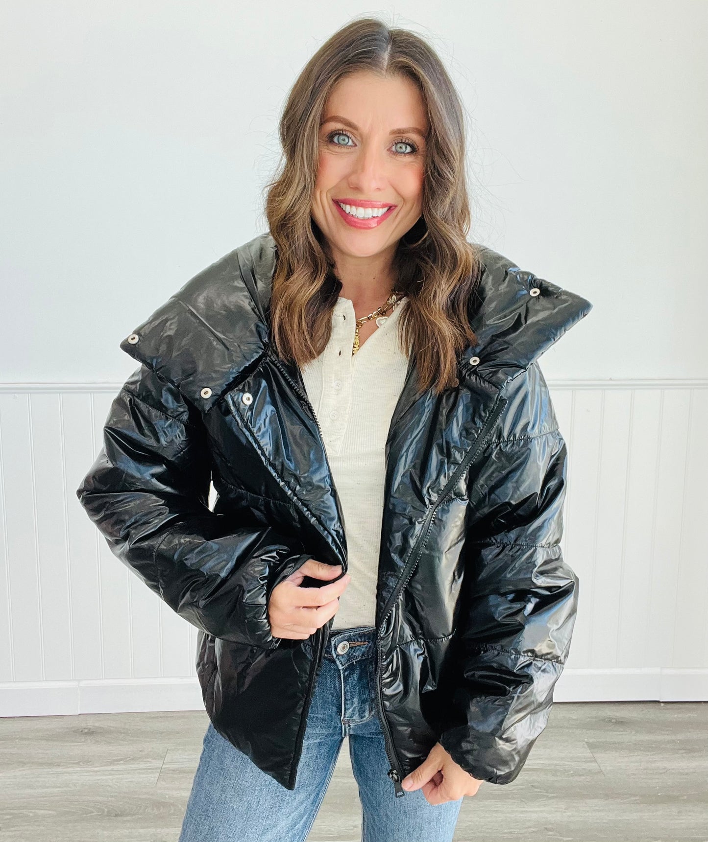 Shiny Black Quilted Jacket (Reg & Plus)