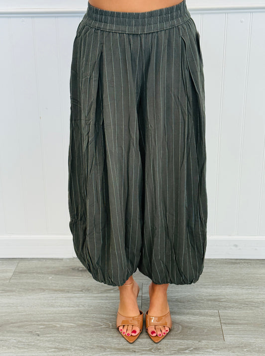 Moss Green Striped Balloon Pants (Reg & Plus)