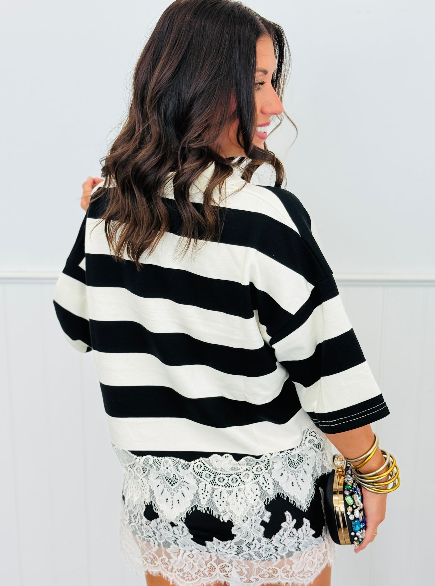 Striped Polo Lace Hem Top (Reg. )